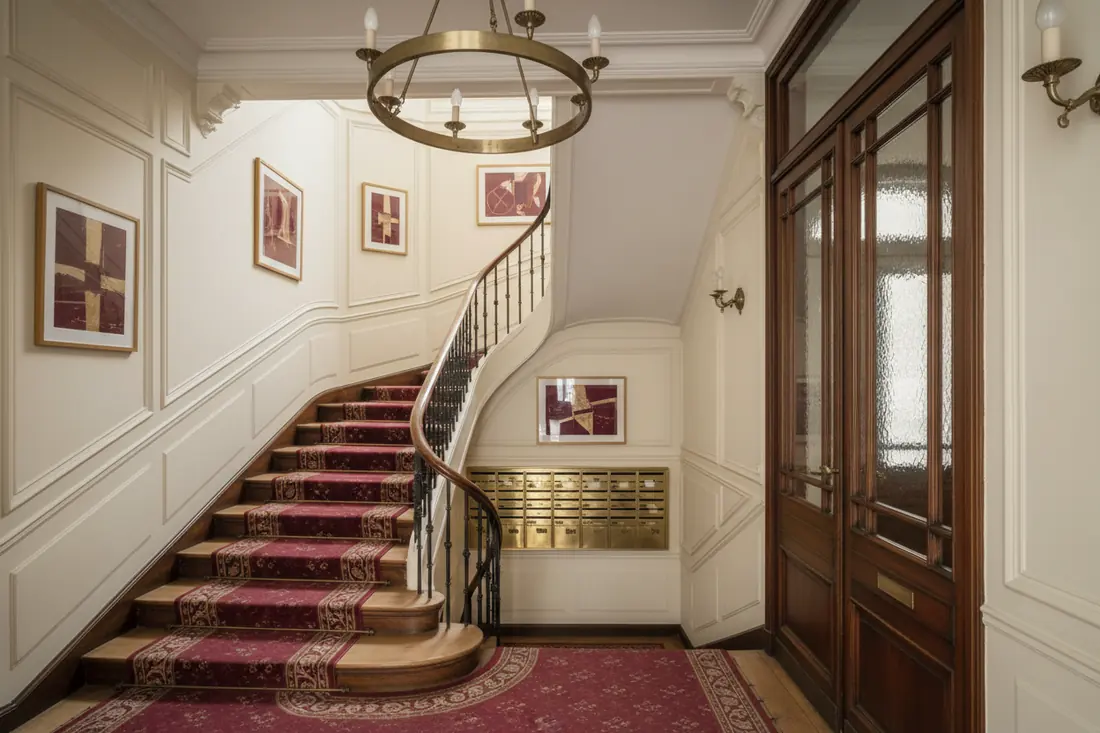 Hall d'entrée d'immeuble ancien avec escalier en bois