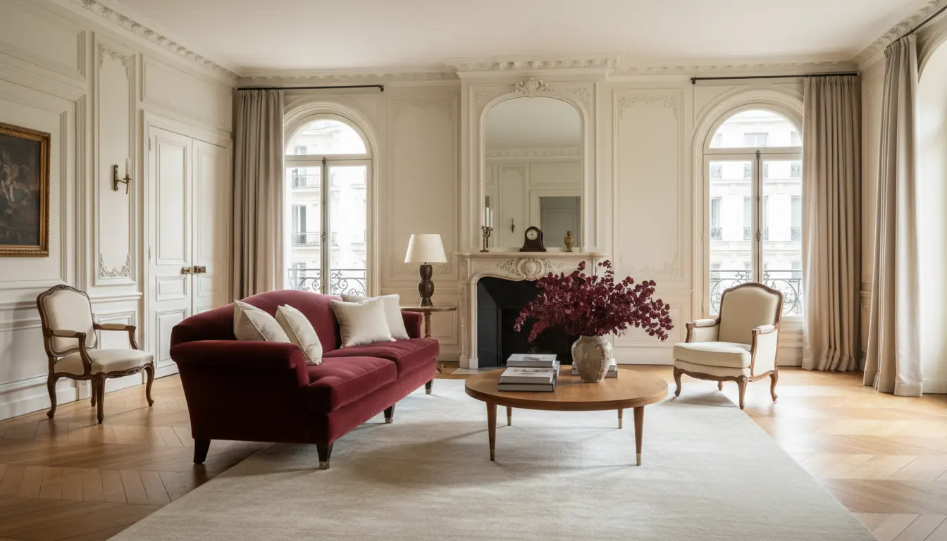 Grand salon d'appartement ancien avec parquet et moulures