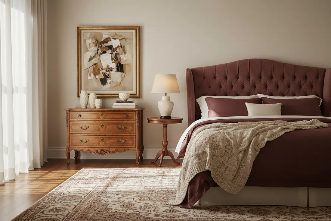 Chambre élégante avec tête de lit capitonnée et commode ancienne