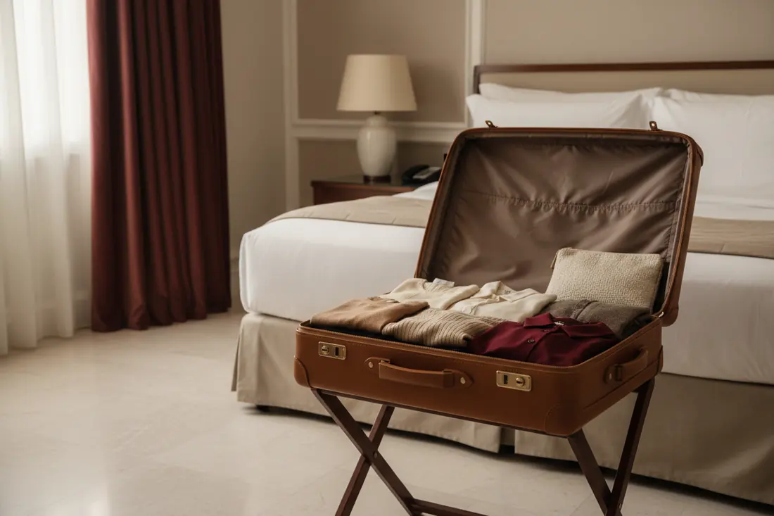 Valise ouverte sur un porte-bagages dans une chambre d'hôtel
